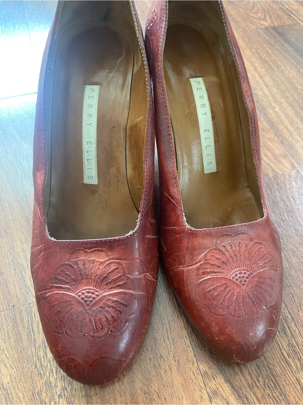 Perry Ellis Burgundy Embossed Floral Leather Pumps